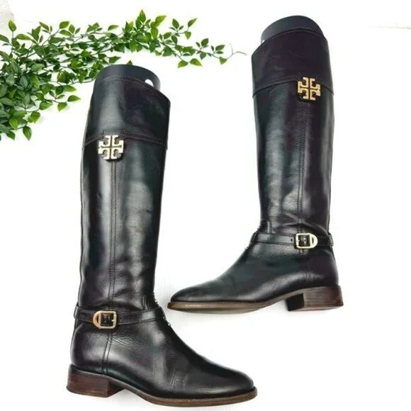 Tory Burch The Eloise Tall logo Riding Boot Leather Deep Brown w Gold details 7 - Picture 1 of 11